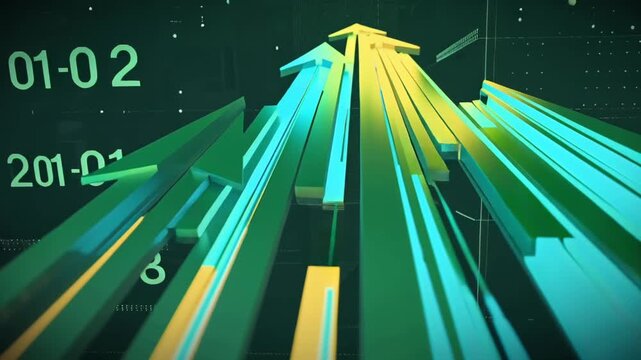 Cinematic stock video of futuristic digital financial dashboard, glowing neon arrows soaring upward, floating holographic graphs, numbers, stock charts, dynamic 3D motion, virtual data particles flow