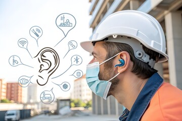 Professional builder in VR helmet standing in front of construction site and using virtual and augmented reality technologies. Office building and crane background. Real estate and investment.