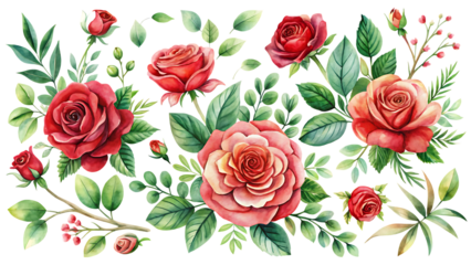 Red and pink roses with green leaves on black background