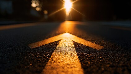 Close-up view of an arrow painted on asphalt, leading to the bright sun