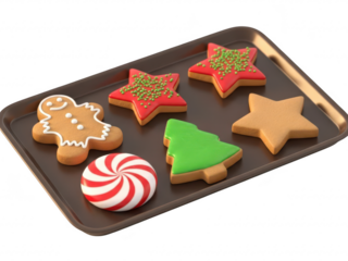 Assorted christmas cookies on baking sheet isolated on transparent background