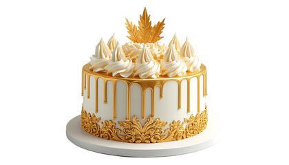 A luxurious white and gold cake with intricate designs on transparent background