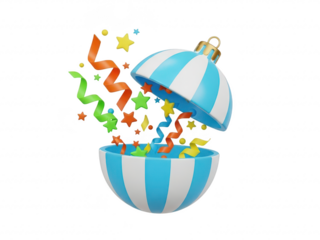 A blue and white striped christmas ornament with confetti and stars isolated on transparent background