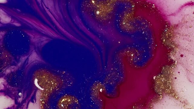 Sparkling Pigment Flow Observe the ethereal movement of shimmering metallic or iridescent particles within liquid ink, forming sparkling trails and clusters as colors blend and separate.
