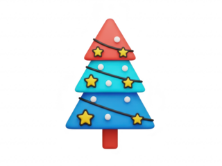 Decorative blue and red christmas tree with stars and lights on transparent background
