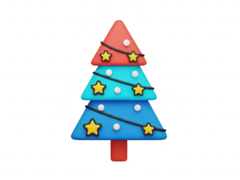 Decorative blue and red christmas tree with stars and lights on transparent background - Powered by Adobe