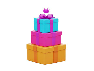 Naklejka premium Colorful stack of presents with purple bow and crown on top isolated on transparent background