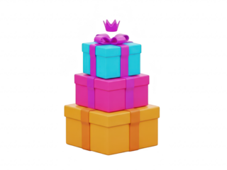 Colorful stack of presents with purple bow and crown on top isolated on transparent background