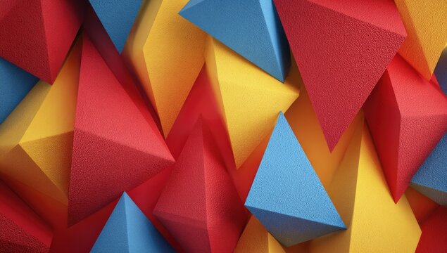 Colorful, geometric arrangement of textured, 3D triangular prism shapes - Powered by Adobe