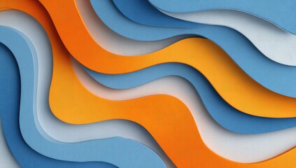 Colorful wavy layered paper design in shades of orange, blue, and white creating a textured surface
