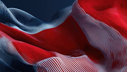 Abstract 3D rendering of rippling, red and white striped fabric against a deep blue backdrop