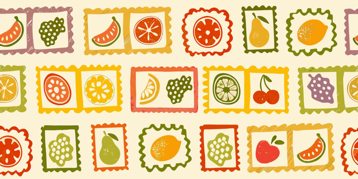 a vibrant pattern of colorful fruit stickers arranged in a repeating row design