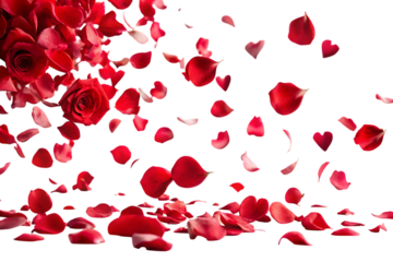 Red roses and rose petals falling on black background