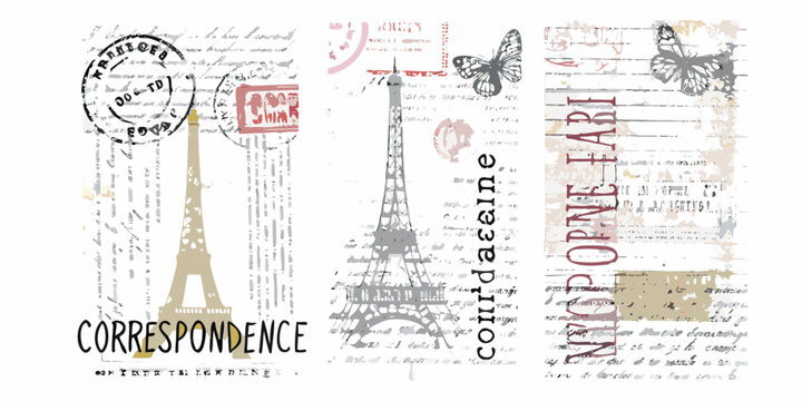 vintage french postcard design with eiffel tower butterflies and handwritten script