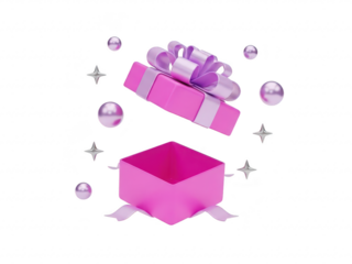 Pink gift box with ribbon and decorations isolated on transparent background for birthday or celebration