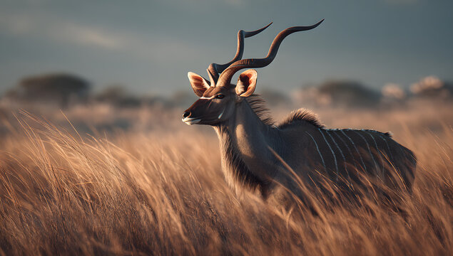 Adult kudu navigating tall grass in open savannah, highlighting animal behavior and habitat preservation, World Wildlife Day