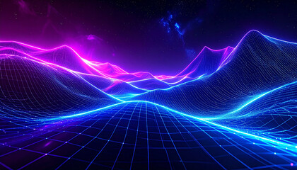 紫とブルーのグラデーション空間に浮かぶネオン山脈背景
