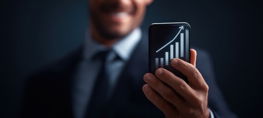 The smartphone displaying a rising bar chart held by a smiling businessman in suit