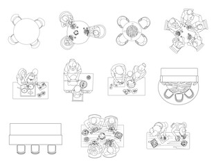 Top view of dining tables and kitchen counters with food and drinks, restaurant, cafe and home scenes with and without people, flat vector illustration