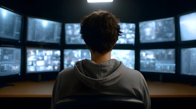 Rear view of a focused individual engrossed in a multitude of digital screens displaying data in a dimly lit high tech monitoring room - Powered by Adobe
