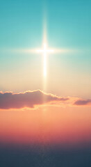 Vertical view of a glowing cross against a serene gradient sky and cloud, representing faith, spirituality, hope, and divine light, serene backdrop