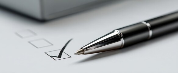 The Pen and Checked Box on Minimal Business Document Indicating Approval