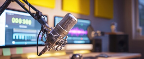 The Microphone in Modern Podcasting Studio with Computer Monitors and Acoustic Panels