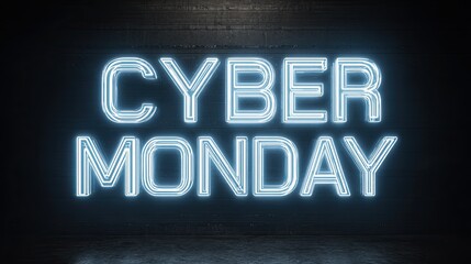 Cyber Monday glowing neon text in white blue color on black background for digital sale and shopping event