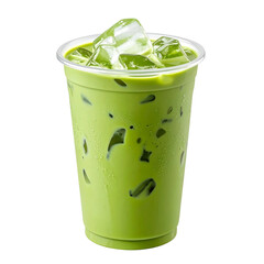 Iced green tea latte isolated on white and transparent background
