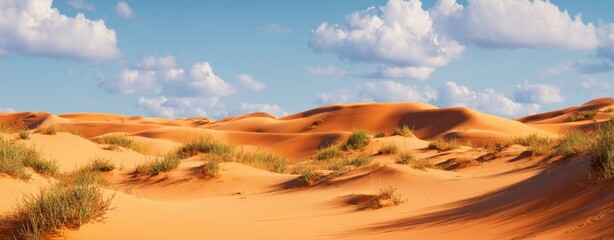 The Sand Dunes of a Golden Desert under a Bright Blue Sky with Scattered Clouds