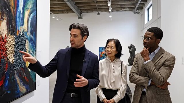People Discussing Art in Modern Gallery.