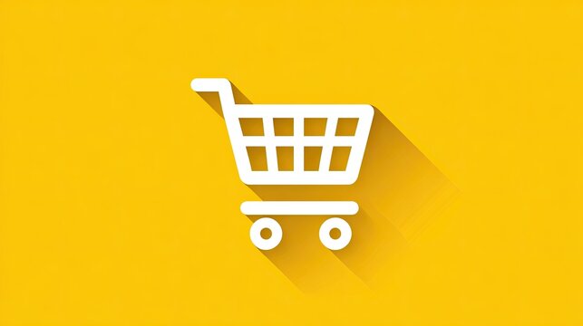 Flat white shopping cart icon with long shadow on bright yellow background for retail and e-commerce use