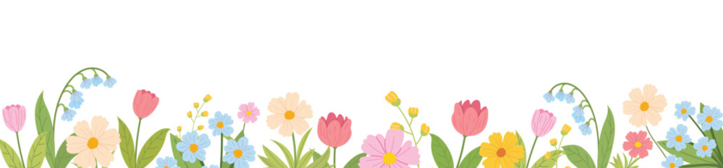 Horizontal spring floral banner with blooming meadow flowers and green leaves. Decorative botanical border with wildflowers on white background.