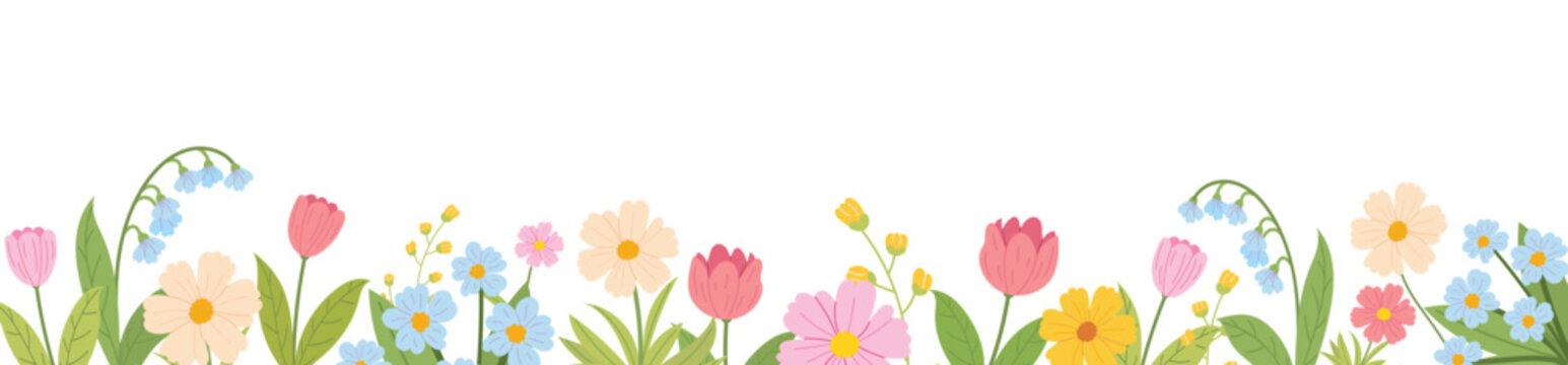 Horizontal spring floral banner with blooming meadow flowers and green leaves. Decorative botanical border with wildflowers on white background.