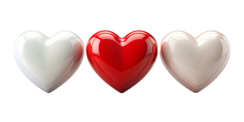 Three shiny hearts in a row on black background red heart