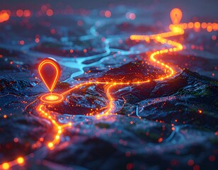 Illuminated glowing map path with pin location markers in detailed terrain
