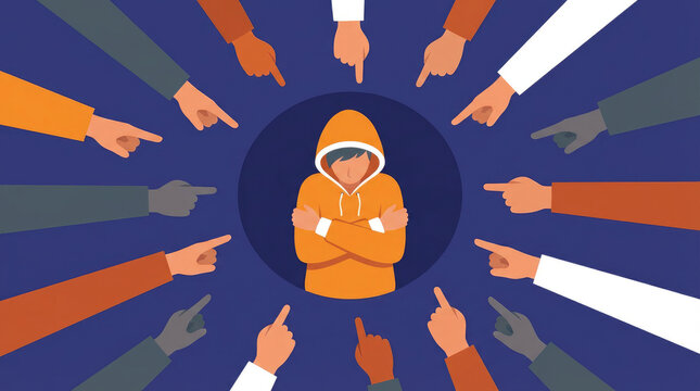 Orange figure surrounded by many pointing fingers on a blue background, implying accusation or focus png with transparency