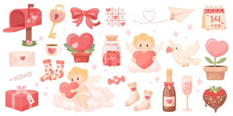 Fototapeta premium A cute cartoon vector image set in honor of Valentine's Day, February 14th. Concept of love, romance, and dating. Element for your design. Cupid, hearts, champagne, etc.