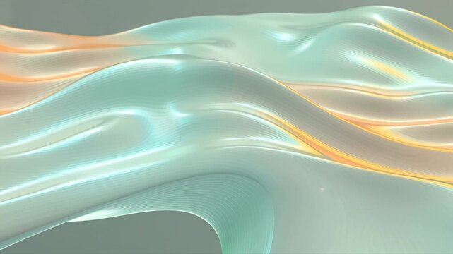 4K HD dynamic abstract waves flowing liquid motion, color palette of light sea green, pastel gray, golden rod glowing reflections, smooth ripples curls, tiny luminous particles along wave paths