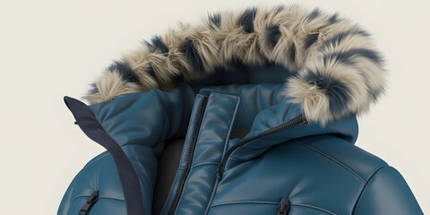 Close-up of a blue puffer jacket with a furry hood.