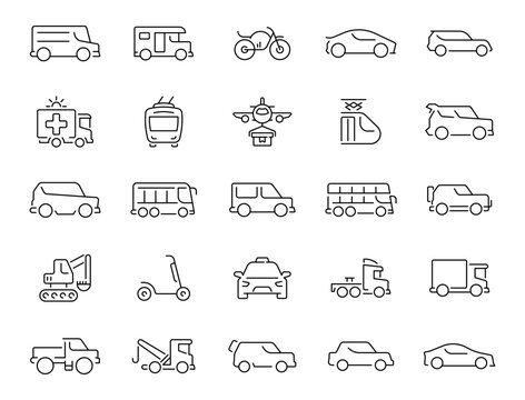 This linear set includes 50 icon illustrations of different types of vehicles. Encompasses land, air, and water transportation.