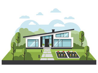 Modern flat vector illustration of a contemporary suburban house featuring a slanted roof, large windows, landscaped garden with flower beds