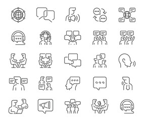 Fototapeta premium A versatile 50-icon linear set about verbal, written, and digital communication. Features tools, symbols, and devices for human interaction.