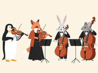 formal animal string quartet. A penguin, fox, rabbit, and mouse play violins, cello, and double bass against a neutral background