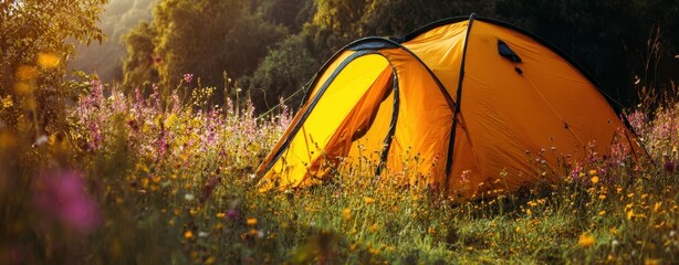 The Tent in a Sunlit Wildflower Meadow at Golden Hour Camping Scene