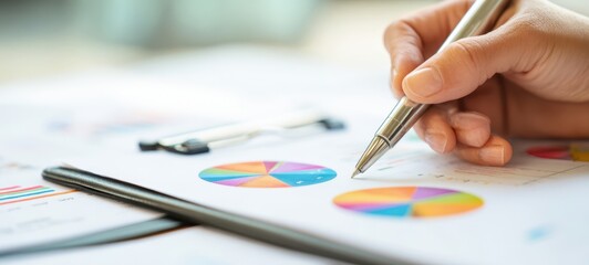 The Hand Holding a Pen Over Colorful Pie Charts and Documents