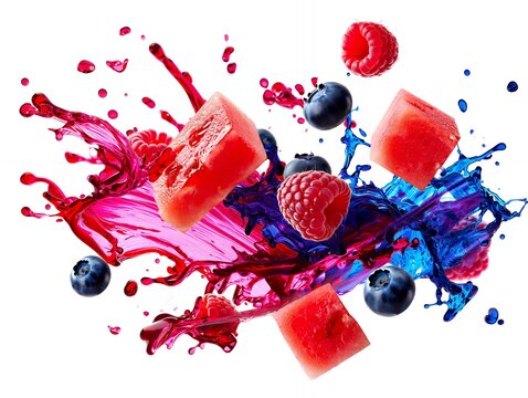Explosion of fresh and juicy berries and watermelon chunks captured mid-air with vibrant splashes of color on a white background, perfect for healthy eating and summer refreshment concepts - Powered by Adobe