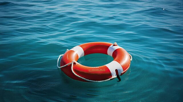Orange Lifebuoy Floating Serenely on Turquoise Ocean Waves