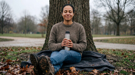 A peaceful woman sits against a tree in an autumn park, holding a thermos. She wears a warm sweater, resting on a blanket with closed eyes, enjoying a quiet outdoor moment.