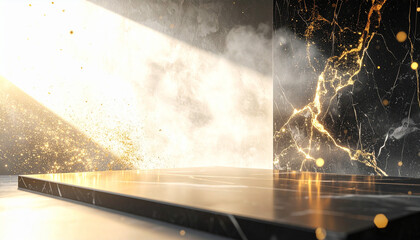 煙と金色の粒子が舞う明るい光の中の黒大理石ステージ